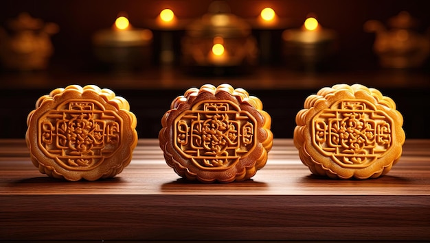 chinese moon cake sitting on a wooden table in the style of light brown and amber