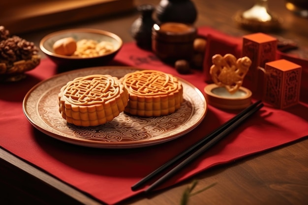 Chinese moon cake on table with red cloth