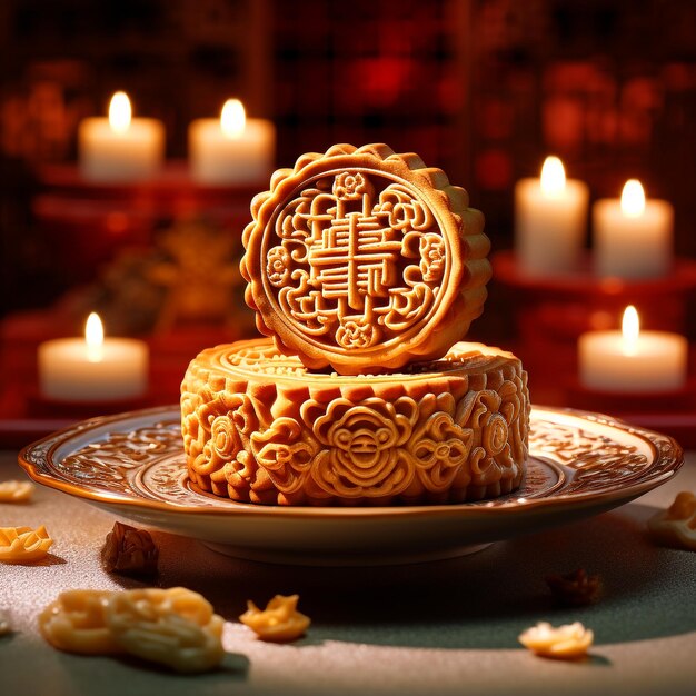 Chinese mooncake met kaarsenachtergrond