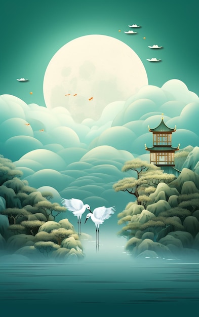 Premium AI Image | The chinese mooncake with birds and clouds vector ...