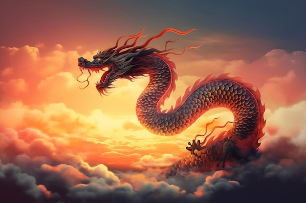 飛行中の中国の神話上のドラゴンと夕方の曇り空の背景生成AI