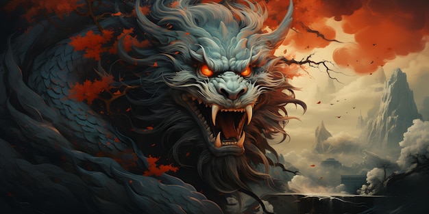 Chinese Mythology Dragon Art Illustration with Fantasy Style Chinese New Year Background