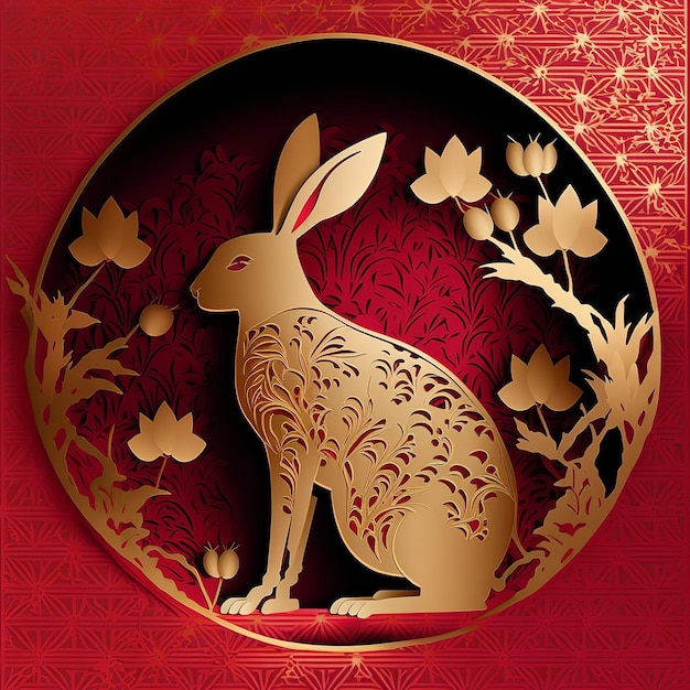 Chinese new year 2023 year of the rabbit Gold bunny rabbit with red background Generative ai