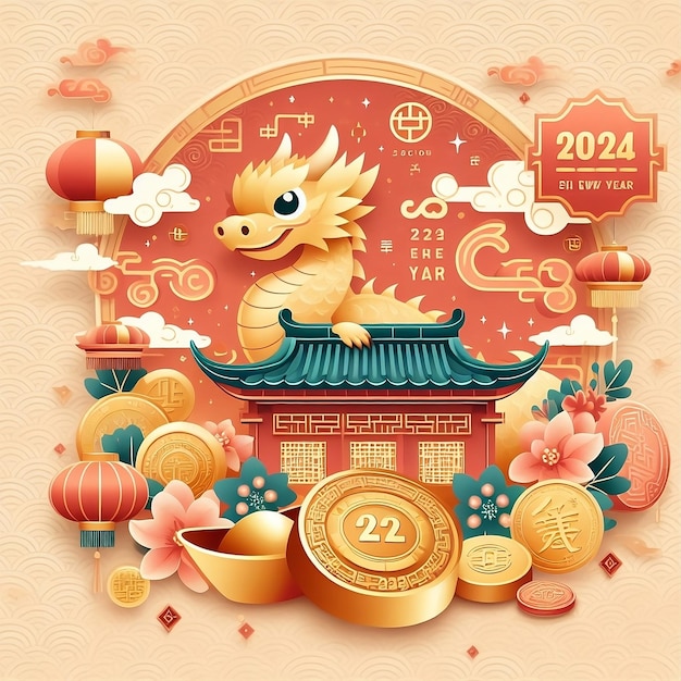 Chinese New Year 2024 background with cute dragon zodiac Chinese roof a gold ingot