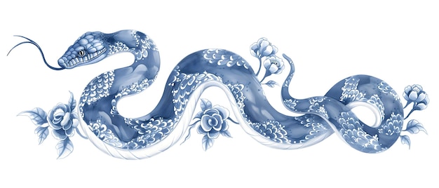 Chinese New Year 2025 Zodiac Snake Blue and white porcelain snake with floral pattern skin