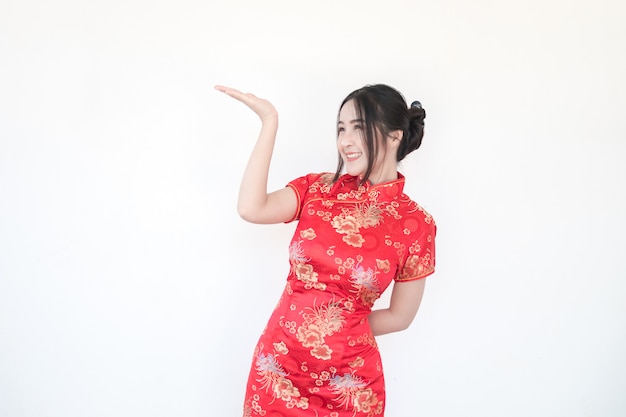 Chinese New Year. Asian women do exciting gestures.