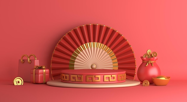 Chinese new year background 2023 with dispaly podium, lucky bag, gift box, hand fan, ingot