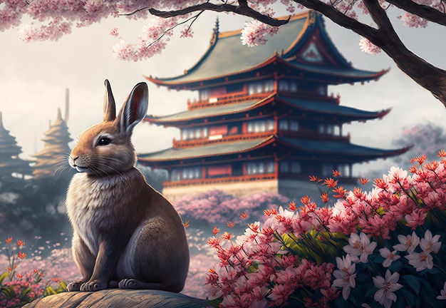 Chinese new year background 2023 year of the rabbit Traditional style Generative ai