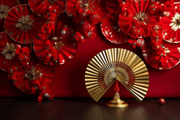 Foto nuovo anno cinese sfondo 2024 con lanterna moneta d'oro cinese braccio ventilatore ombrello