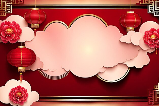 Chinese new year background banner design with Chinese paper lanternspeach blossom peony