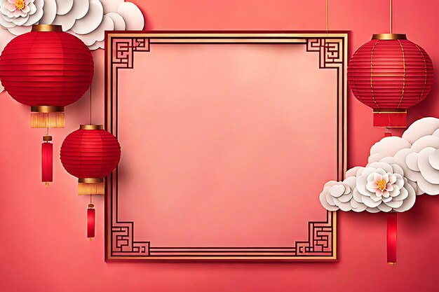 Chinese new year background banner design with Chinese paper lanternspeach blossom peony