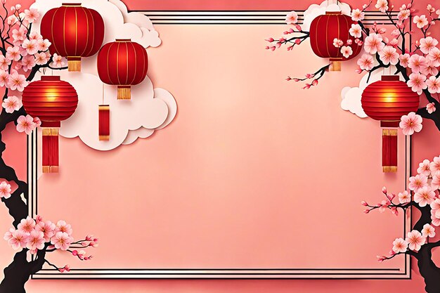 Foto disegno di banner di sfondo per il nuovo anno cinese con lanterna di carta cinese peonia in fiore