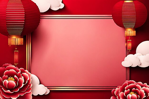 Chinese new year background banner design with Chinese paper lanternspeach blossom peony