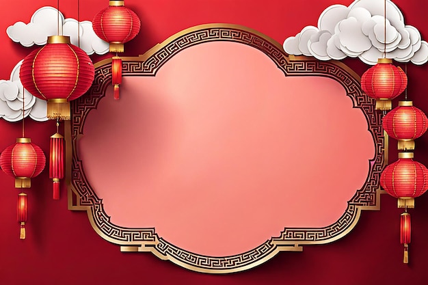 Chinese new year background banner design with Chinese paper lanternspeach blossom peony