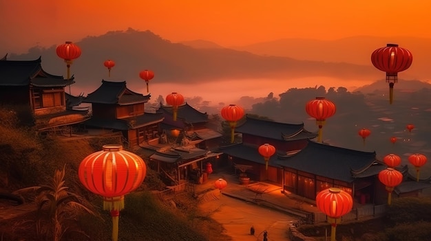 Chinese new year background Chinese lantern Generative Ai