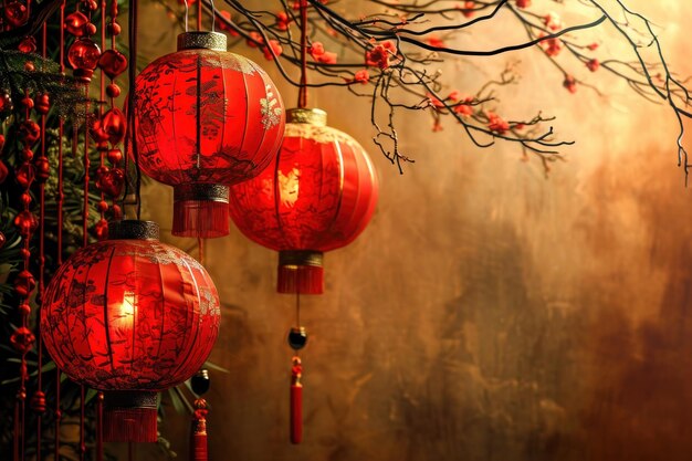 Chinese New Year background Chinese lanterns and sakura flowers Chinese traditional ornaments