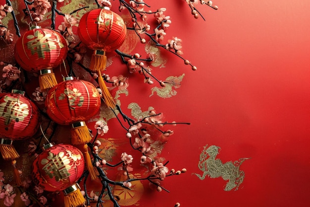 중국 신년 배경: 중국 랜턴과 사쿠라 꽃, 중국 전통 장식품