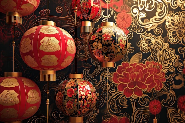 Chinese New Year background Chinese lanterns and traditional ornaments patterns with flowers