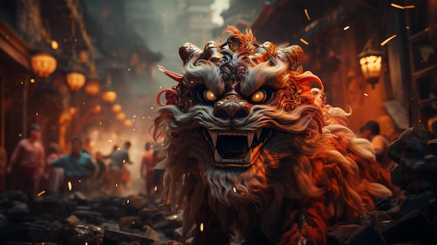 中国の旧正月の背景 獅子と龍の踊り
