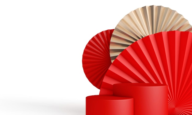 Chinese new year background red and gold paper fan decoration d rendering