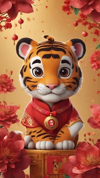 Chinese new year background with 3d cute tiger cartoon character