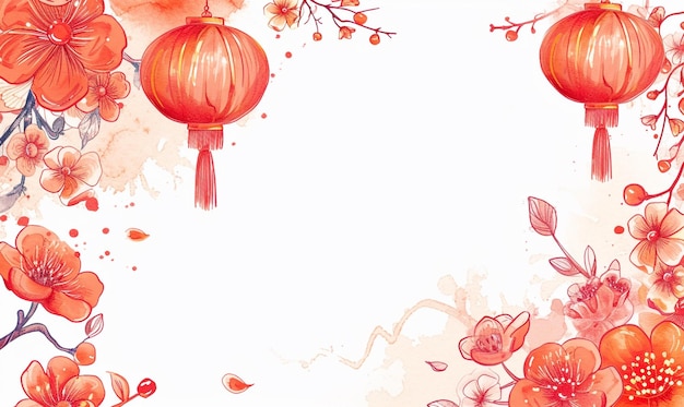 Chinese new year background with flowers and lanterns vector illustration