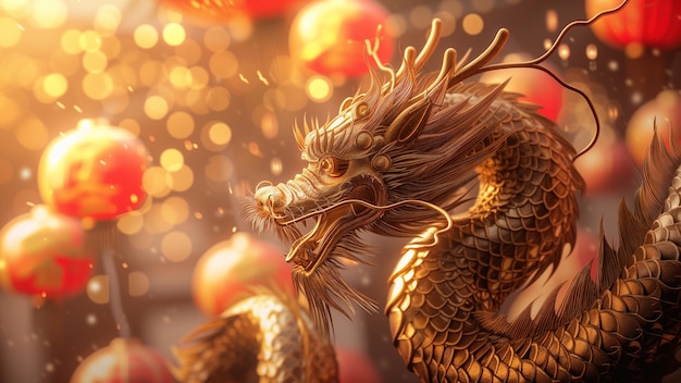 Chinese New Year background with a golden dragon and lanterns