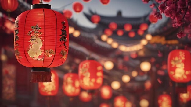 Chinese new year background with lamps and bokeh lights 3d illustration