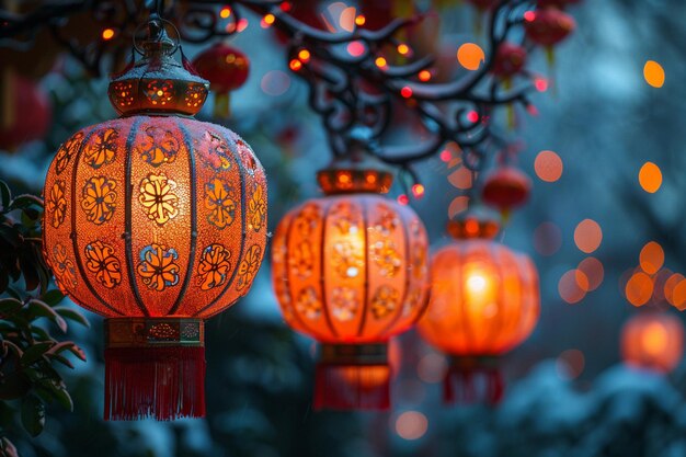 Chinese new year background with lamps and lights 3d illustration