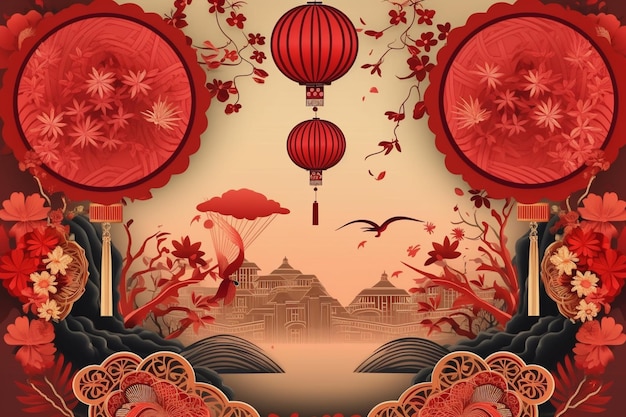Китайский новогодний фон с фонарями и цветами генеративный ай