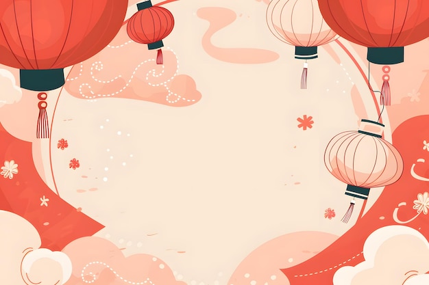 Chinese New Year background with lanterns watermelon and snowflakes