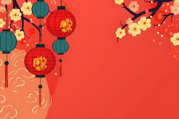 Photo chinese new year background with lanterns watermelon and snowflakes