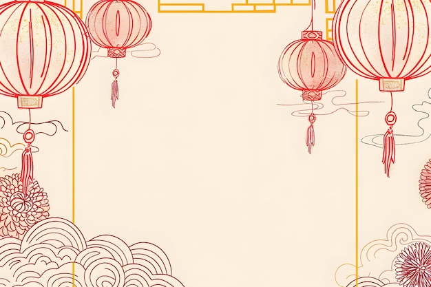 Foto sfondio del capodanno cinese con lanterne, anguria e fiocchi di neve