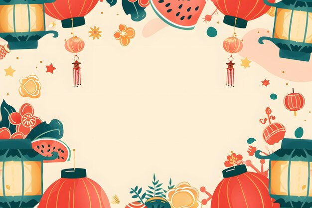 Photo chinese new year background with lanterns watermelon and snowflakes