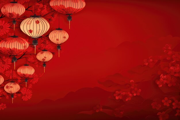 Китайский Новый год на фоне бумажных фонарей и цветов вишни китайские фонари с фонариком на красном фоне AI Generated