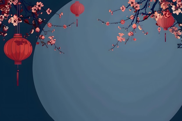Photo chinese new year background with red paper lanterns and flowers vector illustration