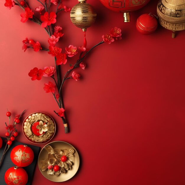 Фото Китайский новый год фонарь с традиционными фонарями сакура цветы и копировать пространство лунный новый год