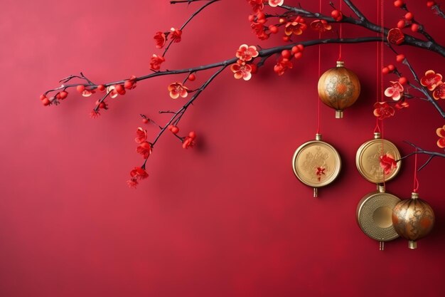 写真 伝統的なランタン,サクラの花,コピースペースの中国新年の背景