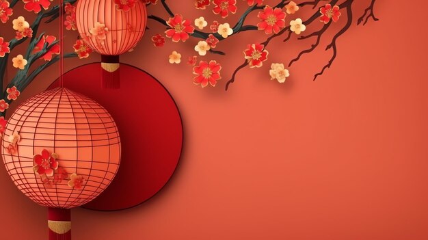 写真 伝統的なランタン,サクラの花,コピースペースの中国新年の背景