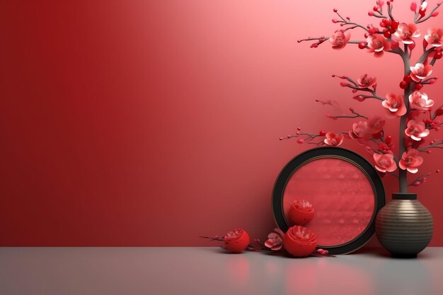 Chinese new year background with traditional lanterns sakura flowers and copy space lunar new year