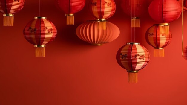 Chinese new year background with traditional lanterns sakura flowers and copy space lunar new year