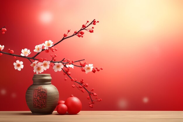 Chinese new year background with traditional lanterns sakura flowers and copy space lunar new year