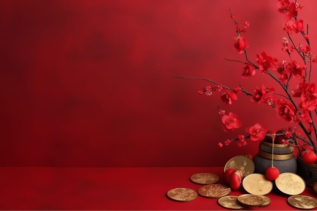 Chinese new year background with traditional lanterns sakura flowers and copy space lunar new year