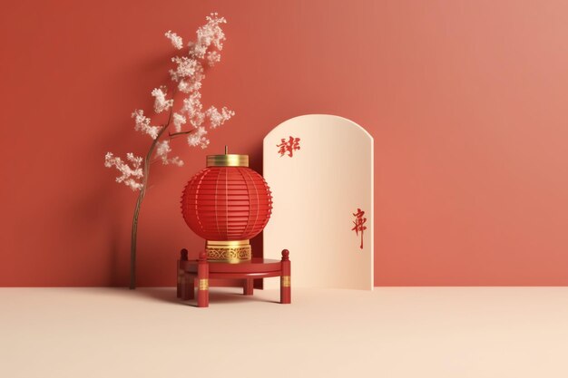 Chinese new year background with traditional lanterns sakura flowers and copy space lunar new year