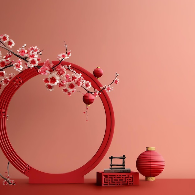 Chinese new year background with traditional lanterns sakura flowers and copy space Lunar new year