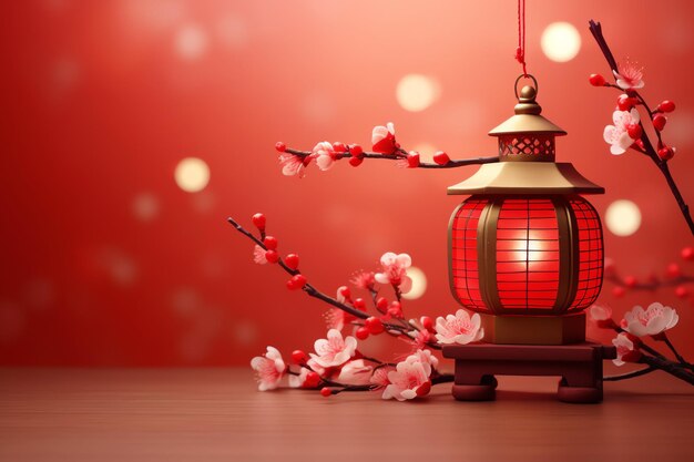 Chinese new year background with traditional lanterns sakura flowers and copy space Lunar new year