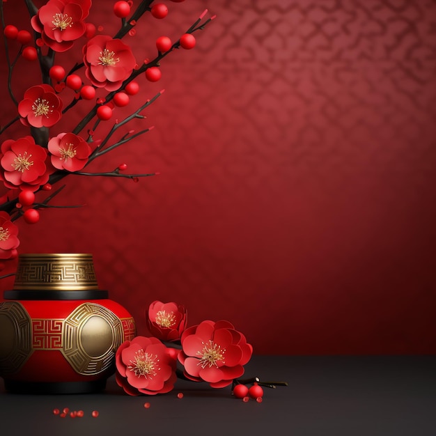 전통적인 랜턴과 사쿠라 꽃과 복사 공간의 중국 신년 배경 달 신년