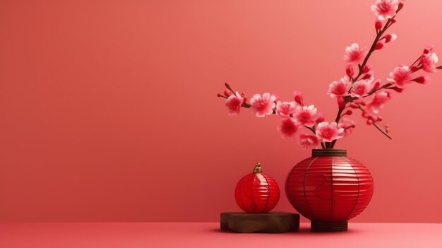 Chinese new year background with traditional lanterns sakura flowers and copy space lunar new year