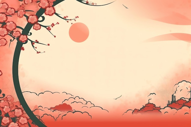 Chinese new year background with traditional lanterns sakura flowers and copy space Lunar new year