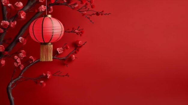 Chinese new year background with traditional lanterns sakura flowers and copy space lunar new year